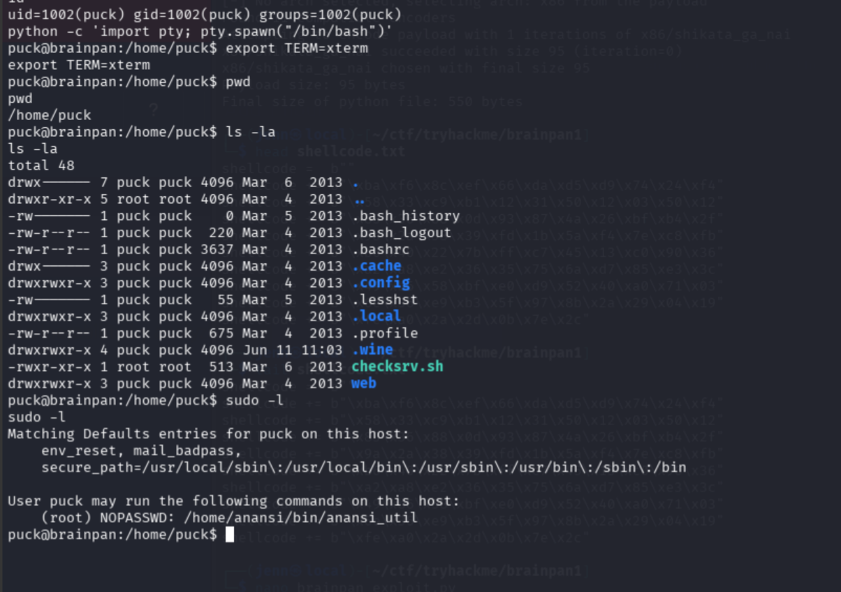 Shell stabilized as puck, sudo -l showing anansi_util NOPASSWD entry